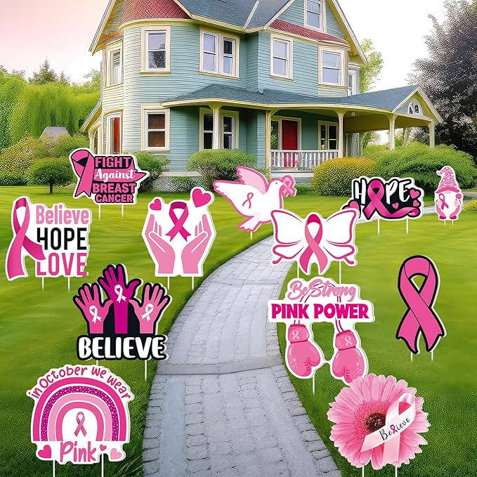 Amyhill 12 Pcs Breast Cancer Awareness Yard Signs Decoration for Outdoor Pink Ribbon Garden Lawn Signs with Stakes Waterproof Decor Gifts for Women Festive Holiday Party Patio Lawn Walkway Decoration