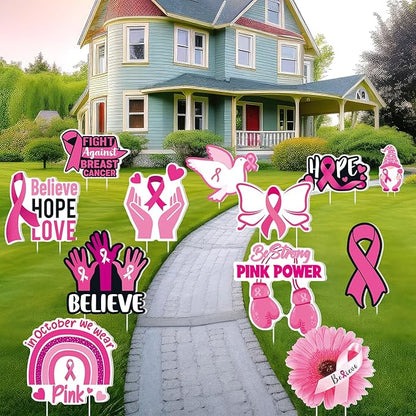 Amyhill 12 Pcs Breast Cancer Awareness Yard Signs Decoration for Outdoor Pink Ribbon Garden Lawn Signs with Stakes Waterproof Decor Gifts for Women Festive Holiday Party Patio Lawn Walkway Decoration