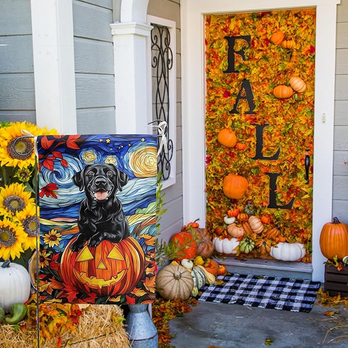 Stained Glass Black Lab Fall Garden Flag Halloween Pumpkin Yard Signs Autumn Sunflower Thanksgiving Banner for Outside 12x18 Double Sided Small Labrador Dog Outdoor Decorative
