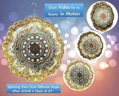 HS's Creation Hanging Wind Spinner 19 Guage 3D Metal 12 Inch for Garden Patio Outdoor Indoor Lawn Decoration Ornaments Gifts with Swivel Hooks Gift Weather Resistant Lucky Flower Gold Wind Spinners