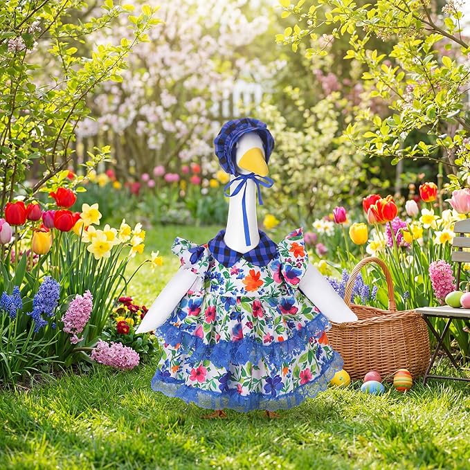 Abbylike 1 Set Spring Porch Goose Outfits Flower Lolita Dress Hat Floral Goose Clothes Costume Fits Large 23'' Cement for Spring Summer Outdoor Garden Yard Patio Lawn Statue Pathway Art Decorations