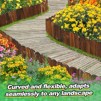 Rustic Pine Wood Garden Fence - 26.2ft Total Length (2pcs 13.1ft L*12in H) Easy to Install Sturdy Wooden Landscape Edging Border, No Fading Planter Fencing for Yard Flower Bed Lawns Pathway Tree