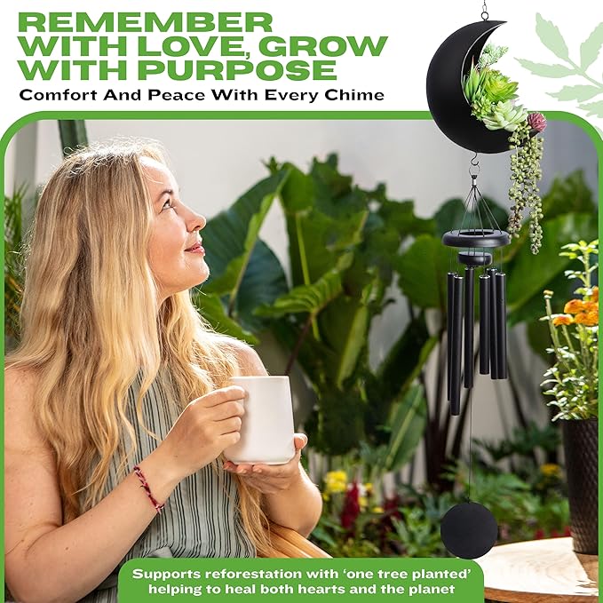 Premium Moon Wind Chimes for Outside – Deep Tone Sympathy & Memorial Wind Chime Gift for Loss of a Loved One, Outdoor Garden Patio Décor (Black)