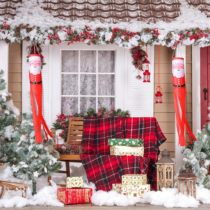 Tatuo 2 Pieces Christmas Windsock Santa Claus Windsock Santa Outdoor Hanging Windsocks Winter Decorative Fabric Wind Sock for Tree Decorations Front Yard Porch Patio Lawn Garden Party