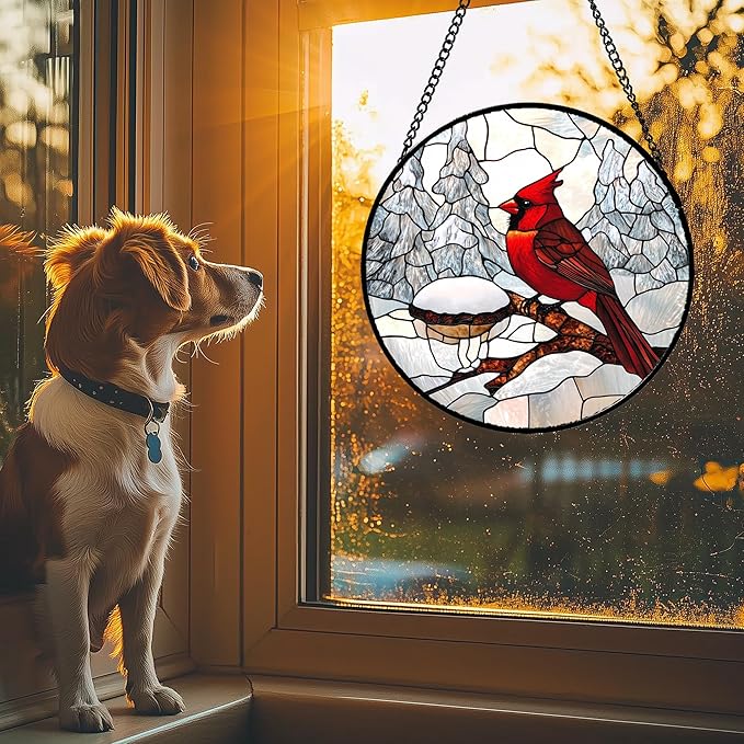 Stained Glass Window Hanging Cardinal Bird Winter Snow Scene 6.3" - Suncatcher Door Garden Sunroom Sun Catcher Home Decor Birthday Christmas for Mom Men Woman Nana