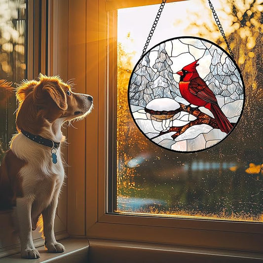 Stained Glass Window Hanging Cardinal Gifts 7.8" - Red Bird Suncatcher Door Garden Sunroom Sun Catcher Home Decor Birthday Christmas for Birds Lover Mom Men Woman Nana Dad