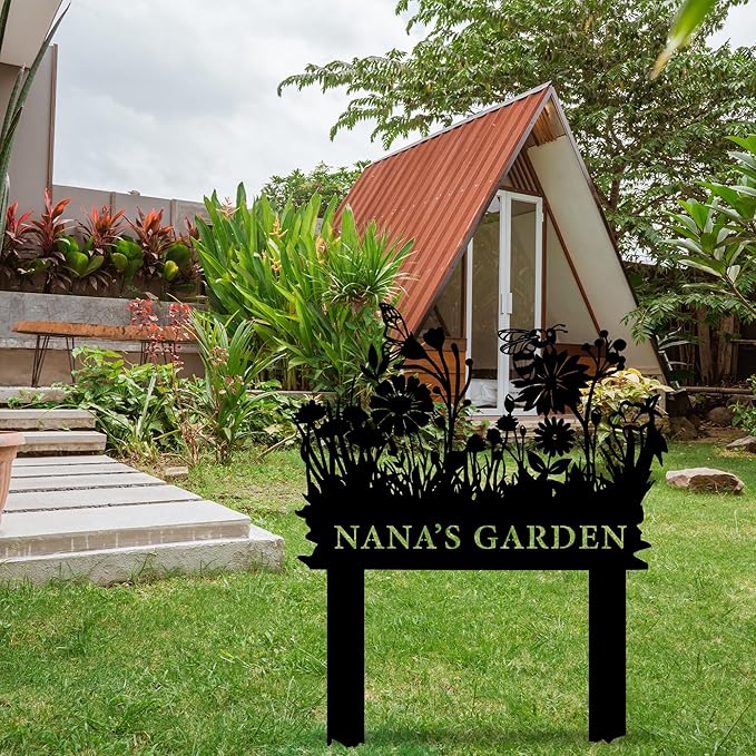 Personalized Butterfly and Bee Metal Garden Stake Sign, Custom Flower Themed Garden Metal Stake, Customized Garden Signs Decorative Outdoor, Farmhouse Yard Art, Flower Bed Decor, Gift for Gardener