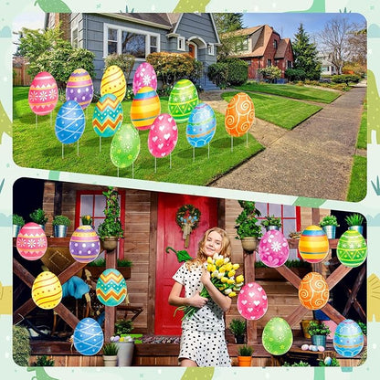 Beeveer 12 Pcs Easter Yard Signs Lawn Sign with Stakes Easter Egg Yard Decor Outdoor Lawn Decorations Hanging Ornaments for Spring Patio Garden Party Supplies Photo Props