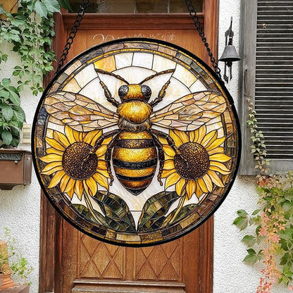 DASTOLL Stained Glass Window Hanging - Bee Sunflower Yellow Suncatcher Ready to Hang Window Doors Home Decoration and Christmas, Mother's Day Birthday Gifts for Women, Men, and Mom 14.9x14.9 in