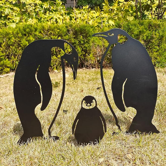 Iron Cast Animal Stake Statue,Outdoor Penguin Family Yard Decor,Black Metal Penguin Art Garden,Rustic Penguin Silhouette Decor for Yard Garden,Birds Silhouette Statue Lawn Backyard Outdoor Decoration