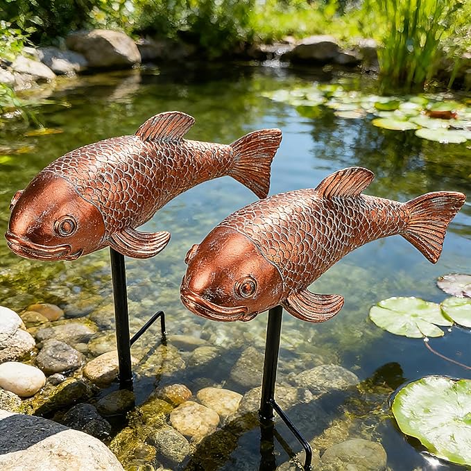 Teaeeno Set of 2 Antique Koi Fish Statue, Outdoor Garden Sculpture for Patio, Backyard, Pond, and Home Decor (Red)