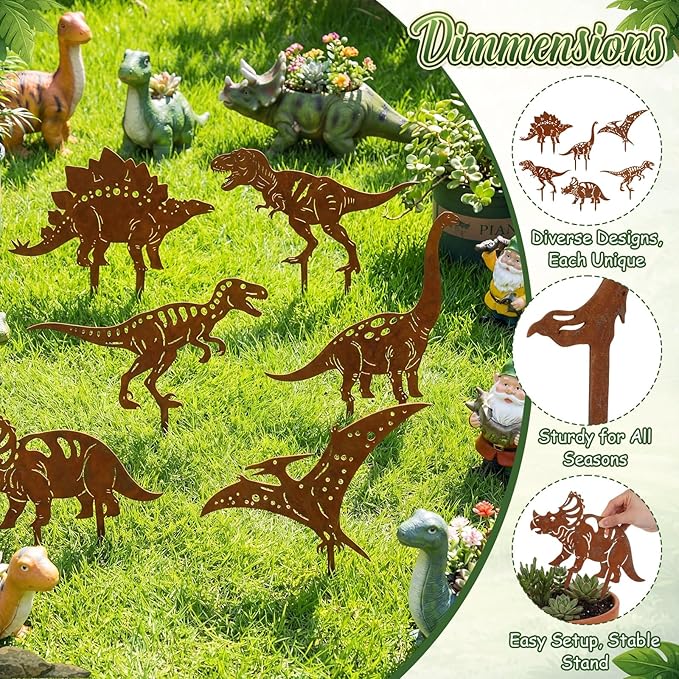 6 Pcs Rusty Dinosaur Garden Statues Decor Metal Porch Dinosaurs Stake Outdoor Lawn Decor Decorative Dinosaur Lovers Gift Real Rust Yard Sign for Yard Patio Garden Pathway Courtyard