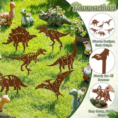 6 Pcs Rusty Dinosaur Garden Statues Decor Metal Porch Dinosaurs Stake Outdoor Lawn Decor Decorative Dinosaur Lovers Gift Real Rust Yard Sign for Yard Patio Garden Pathway Courtyard