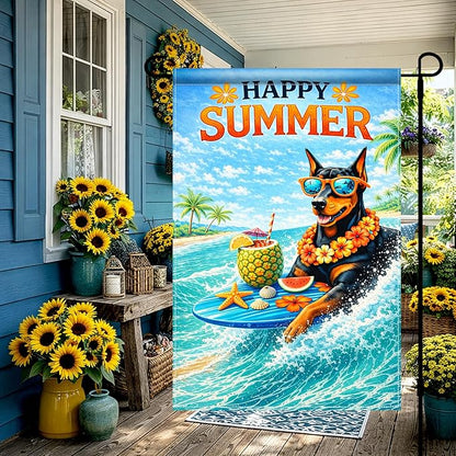 BlissYard Happy Summer Doberman Garden Flag 12x18 Double Sided Vertical Outdoor Decor Surfing Dog Tropical Beach Yard Garden Lawn Patio Banner