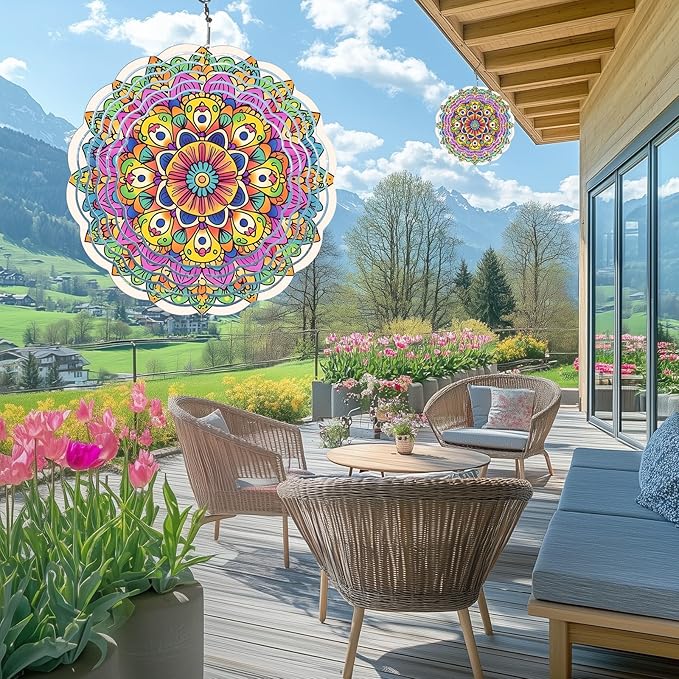 Wind Spinners Outdoor, Hanging Wind Spinner for Garden Decoration, 8 inch 3D Stainless Steel Metal Wind Sculpture for Indoor/Outdoor Decor, Mandala F