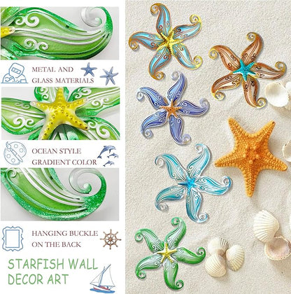 POXOHO Starfish Outdoor Metal Wall Decor, Metal Wall Art Outdoor for Garden Yard Fence, 12" Hanging Glass Sculpture, Starfish Coastal Wall Decor for Ocean Themed Gifts (Green)