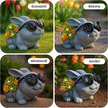 Rabbit Figurine with Solar-Powered Glasses Succulent Bunny Decor Garden Statue for Patio Yard Balcony Housewarming Gifts for Mom Women Grandma