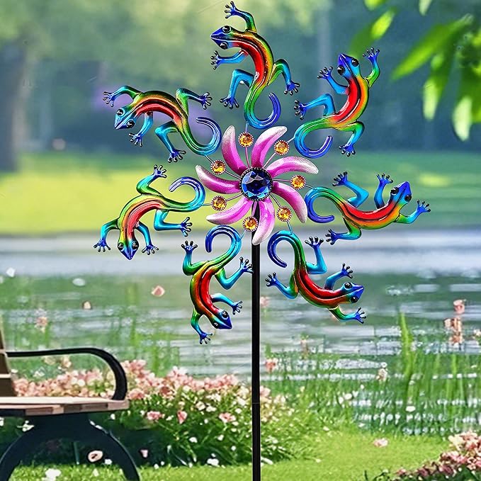 58" Metal Lizard Wind Spinner with Larger Garden Stake, Windmill,Wind Sculptures for Yard and Garden Lawn Patio Decor(Blue)