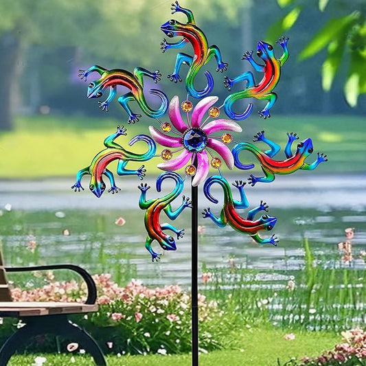 58" Metal Lizard Wind Spinner with Larger Garden Stake, Windmill,Wind Sculptures for Yard and Garden Lawn Patio Decor(Blue)