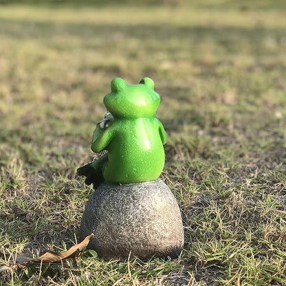 YANGMEI 6" Drinking Coffee Green Frog Sitting on Stone Statue Creative Garden Statue Decoration Collectible Frog Figurine Statue