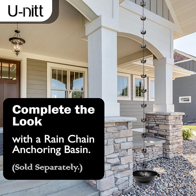 U-nitt Rain Chain Water Collection for Gutters Rainwater Catcher & Diverter, 8.5 FT Chains for Outside Garden, Antique Copper Cups, Roof Downspout, Works with Heavy Rain, w/Gutter Clip for Rainchains
