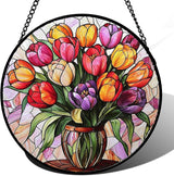 Stained Glass Window Hanging - Red Orange Purple Tulips Suncatcher for Door Terrace Garden Home Decor Flowers Sun Catcher Birthday Gifts for Lovers Women Men Dad Mom Nana 7.8 in