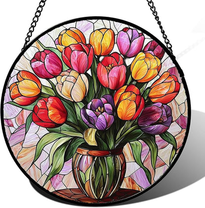 Stained Glass Window Hanging - Red Orange Purple Tulips Suncatcher for Door Terrace Garden Home Decor Flowers Sun Catcher Birthday Gifts for Lovers Women Men Dad Mom Nana 11.8 in