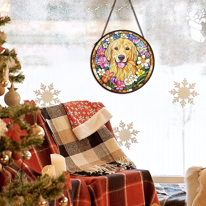 Golden Retriever Dog Suncatcher Stained Glass Window Hanging Decor Ornaments, Golden Retriever Dog Memorial Sun Catchers Wall Art Gifts, Floral Flower Garden Stained Glass Decor, 7.9x7.9In
