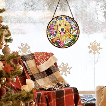 Golden Retriever Dog Suncatcher Stained Glass Window Hanging Decor Ornaments, Golden Retriever Dog Memorial Sun Catchers Wall Art Gifts, Floral Flower Garden Stained Glass Decor, 7.9x7.9In