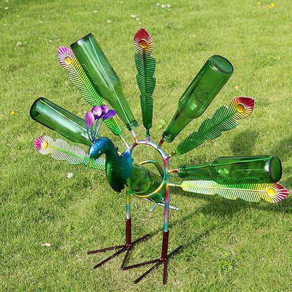 Outdoor Bottle Tree with Peacock Metal Stake for Outdoor Colorful Garden Decorative Bottle Holder & Outdoor