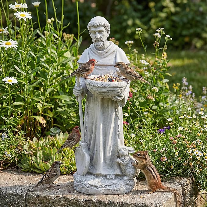 St Francis Garden Yard Decor Statues 28.74 Inch Saint Francis of Assisi Catholic Christian Lawn Patio Outdoor Sculptures Magnesium Oxide Stone Art Decorations，Dark Grey