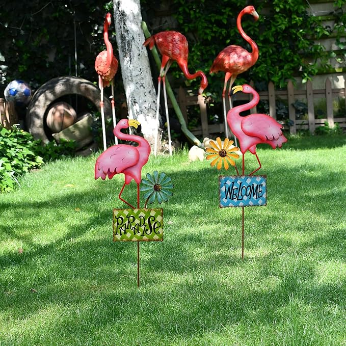 Metal Flamingo Garden Stakes Welcome Yard Sign Decorative Pink Flamingos Ornament Indoor Outdoor Party Stake Lawn Art Patio Backyard Flower Bed Decor (set of 2, S)