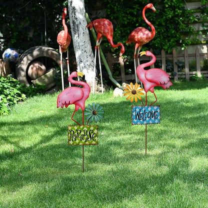 Metal Flamingo Garden Stakes Welcome Yard Sign Decorative Pink Flamingos Ornament Indoor Outdoor Party Stake Lawn Art Patio Backyard Flower Bed Decor (set of 2, S)