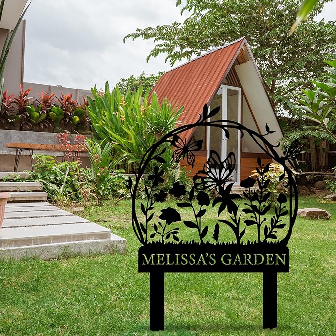 Personalized Garden Sign with Flower Design Custom Stake Butterfly Customized Gardening Gift Farmhouse Decor for Outside Gardening Decorative Gifts Gardeners Backyard Art Yard Outdoor Lawn Patio Path Black Large Camping Housewarming Mom Grandmother