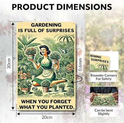 Funny Garden Decor Sign – Gardening Gifts for Women, Garden Decor Aluminum Outdoor Sign, Gardening Is Full of Surprises, Yard & Patio Gifts for Plant Lovers & Gardeners 12" x 8"