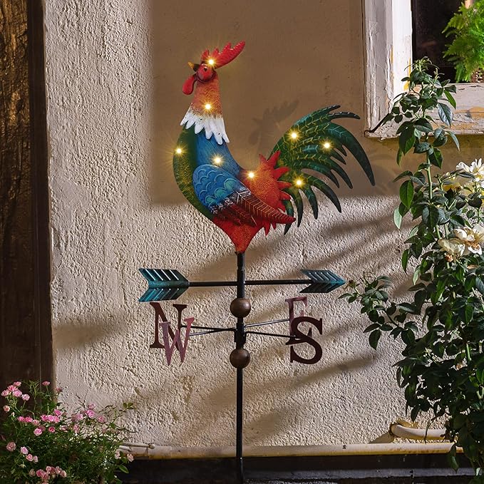 TERESA'S COLLECTIONS Garden Decor with Solar Outdoor Lights, Red Rooster Yard Art Sign for Outside, 39.4'' Metal Weathervane Decorative Garden Stake for Outdoor Decor Lawn, Gifts for Mom