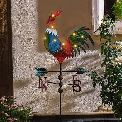 TERESA'S COLLECTIONS Garden Decor with Solar Outdoor Lights, Red Rooster Yard Art Sign for Outside, 39.4'' Metal Weathervane Decorative Garden Stake for Outdoor Decor Lawn, Gifts for Mom