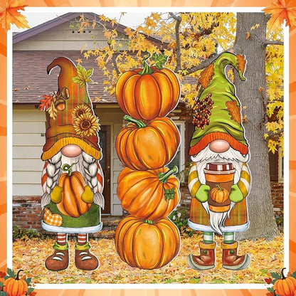 Umigy 3 Pcs Thanksgiving Gnome Yard Decor Cute Fall Autumn Gnome Yard Sign with Stakes 32 x 10 Inch Outdoor Lawn Decor, Outside Thanksgiving Garden Decoration for Home Pathway Walkway