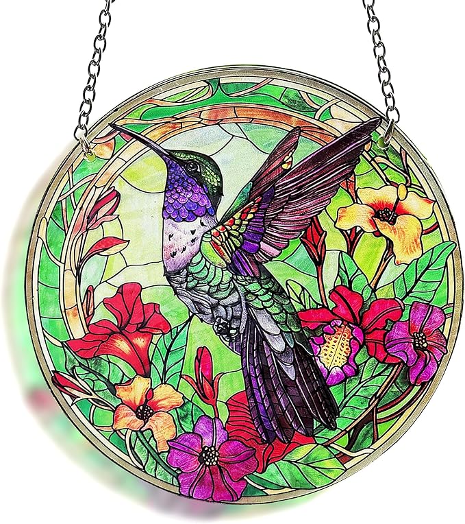 Hummingbird Stained Glass Decor for Women, Bird Lovers Suncatcher. Green Birds Art Walldecor.