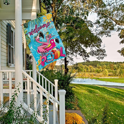 Summer POOL House Flags for Outdoor, Flamingo Welcome to Our POOL Yard Flags for Outside, Swimming Pool Decorative Flag for Farmhouse Party Holiday Decoration 28x40 Inch Double Sided