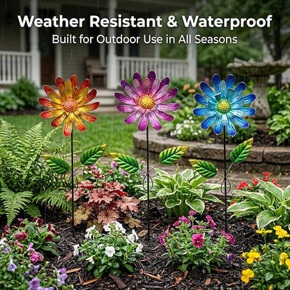 Metal Flower Garden Stake for Outside, 3 Pcs 16" H Outdoor Garden Stakes Decor, Yard Outdoor Ornaments for Patio, Lawn, Patio(Yellow & Purple & Blue)