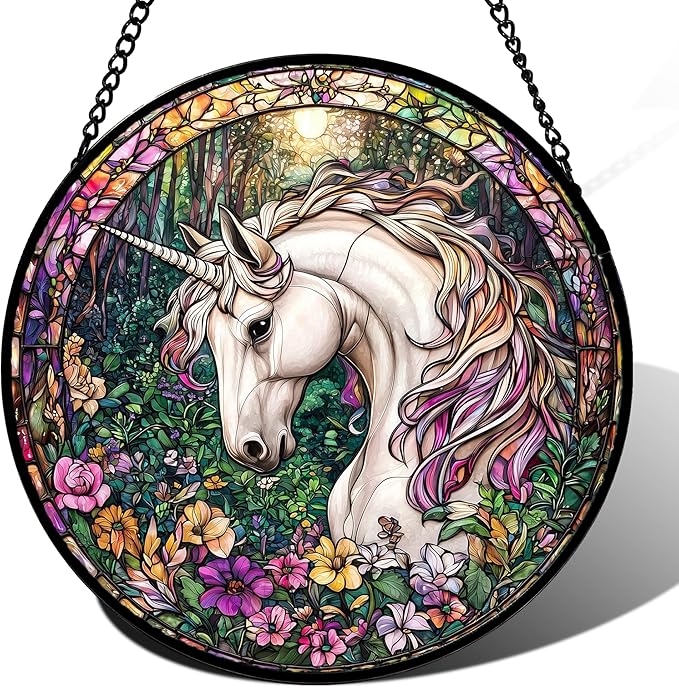DASTOLL Stained Glass Window Hanging, Unicorn Flowers Suncatcher for Doors Home Sun Catchers Decoration and Christmas, Mother's Day Birthday Gifts for Women, Men, and Mom 14.9x14.9 in