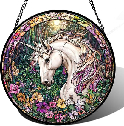 DASTOLL Stained Glass Window Hanging, Unicorn Flowers Suncatcher for Doors Home Sun Catchers Decoration and Christmas, Mother's Day Birthday Gifts for Women, Men, and Mom 14.9x14.9 in