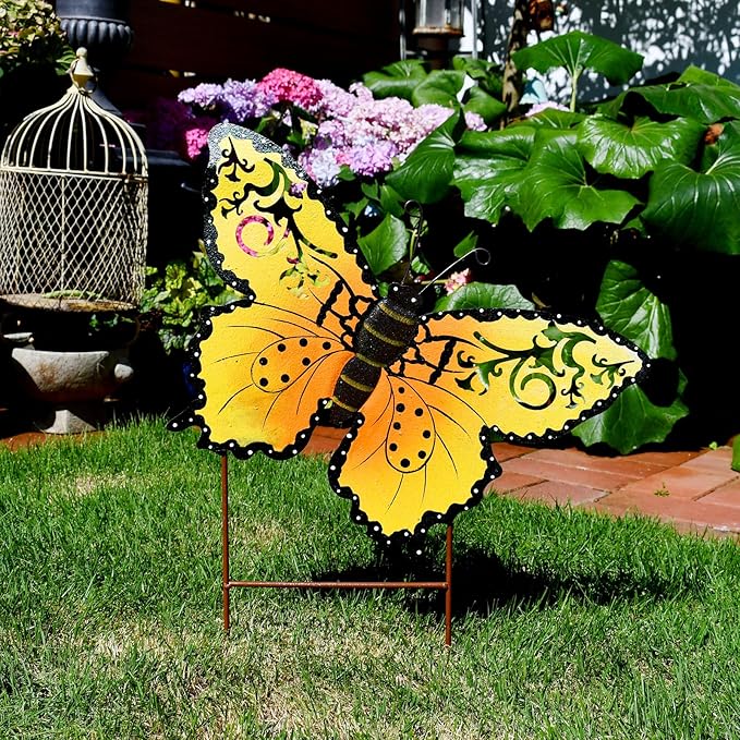 Attraction Design Butterfly Garden Stake Decorative Butterfly Yard Stake, Cute Insect Decor Metal Yard Art Decor Outdoor Garden Decoration for Patio Porch Lawn Pathway Backyard (Yellow)