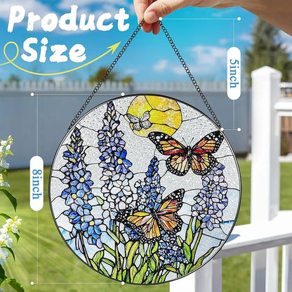 Stained Glass Window Hanging, 8 Inch Lavender & Butterfly Sun Catcher Decor, Stained Glass Ornament, Suncatchers for Windows Hanging, Window Decor, Gifts for Butterfly Lovers, Flower Lovers Gifts