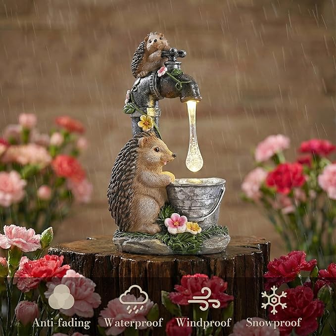 TERESA'S COLLECTIONS Garden Decor, Cute Hedgehogs and Faucet Garden Decor with Solar Light, Waterproof Resin Garden Statue, Outdoor Hedgehogs Figurines, Garden Gift for Women Mom, Indoor/Outdoor