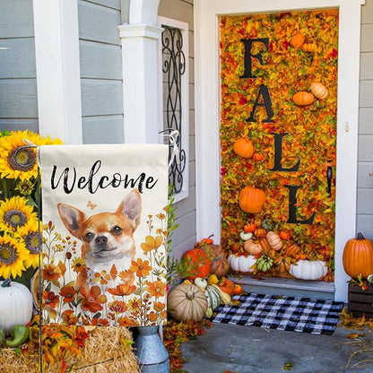 Chihuahua Fall Garden Flag Autumn Dog Yard Sign Orange Floral Thanksgiving Outdoor Banners for Outside 12x18 Double Sided Small Wild Flower Lawn Decorations