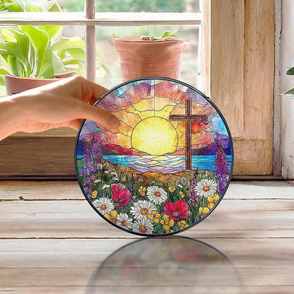 Cross Flower Stained Glass Window Hanging, Cross Suncatchers, Wildflower Christian Easter Sun Catchers Indoor Window Round Glass Wall Art Hanging Decorations, 7.9x7.9in