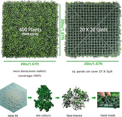 Bybeton 10-Pack Artificial Boxwood Panels (20"x20"), Covers 27.7 Sq.Ft. - 5-Year UV-Proof Ultra-Dense Faux Greenery Wall Backdrop for Outdoor Privacy Fence, Patio & Indoor Decor