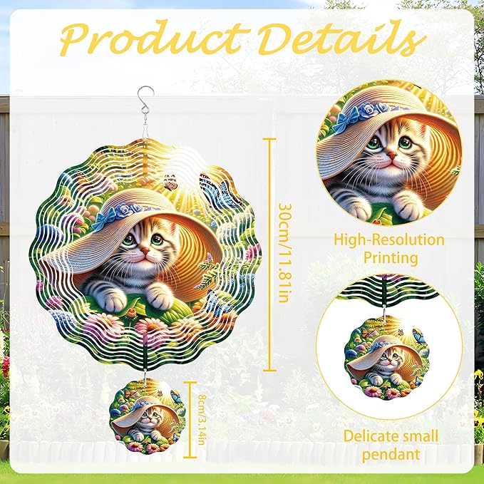 Wind Spinner Hanging Outdoor Decor, 12 Inch 3D Cute Cat Metal Kinetic Wind Spinners for Garden Yard Patio, Stainless Steel Laser Cut Art Gifts for Women Cat Lovers Outdoor Decorations